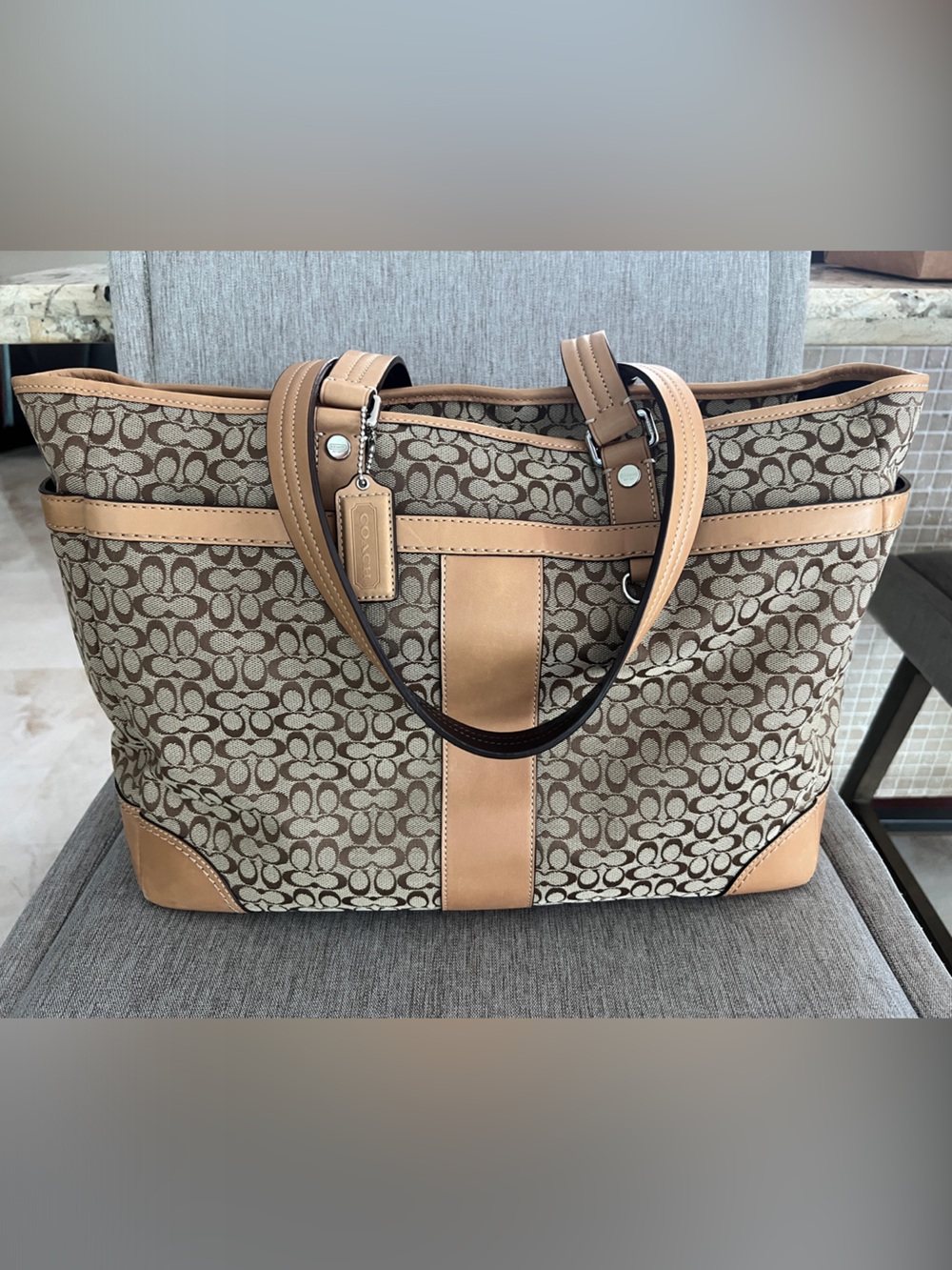 Coach Brown Khaki Signature Canvas Tote with Tan Trim